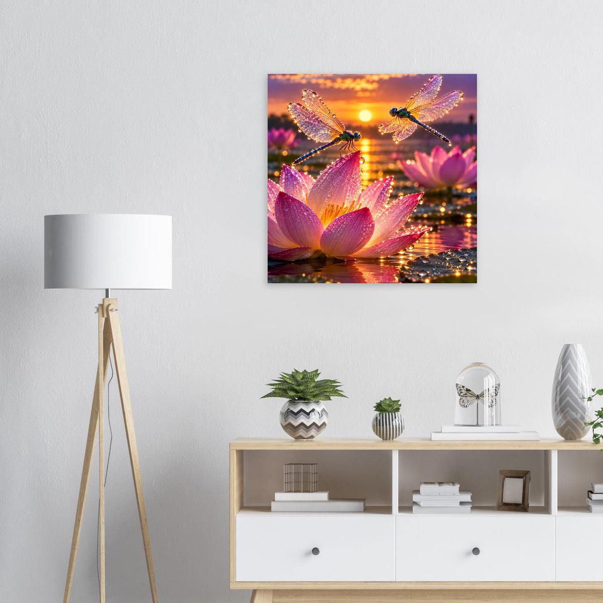 Quadratisches Poster mit Libellen über pinken Lotusblüten im goldenen Abendlicht