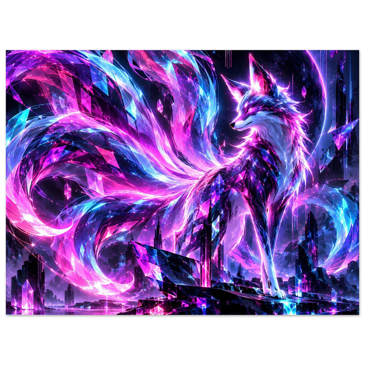 Neon-Fantasy-Poster mit leuchtendem Fuchs und violett-blauen Kristalllichtern über Skyline (Querformat)