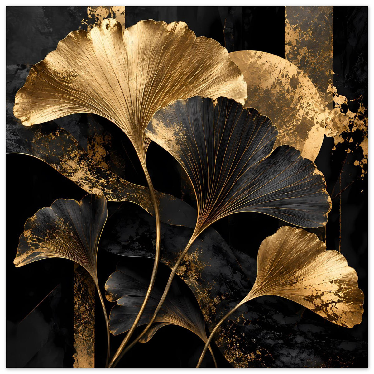 Botanisches Poster im Hochformat mit großen goldenen Ginkgo-Blättern und schwarzen Blättern