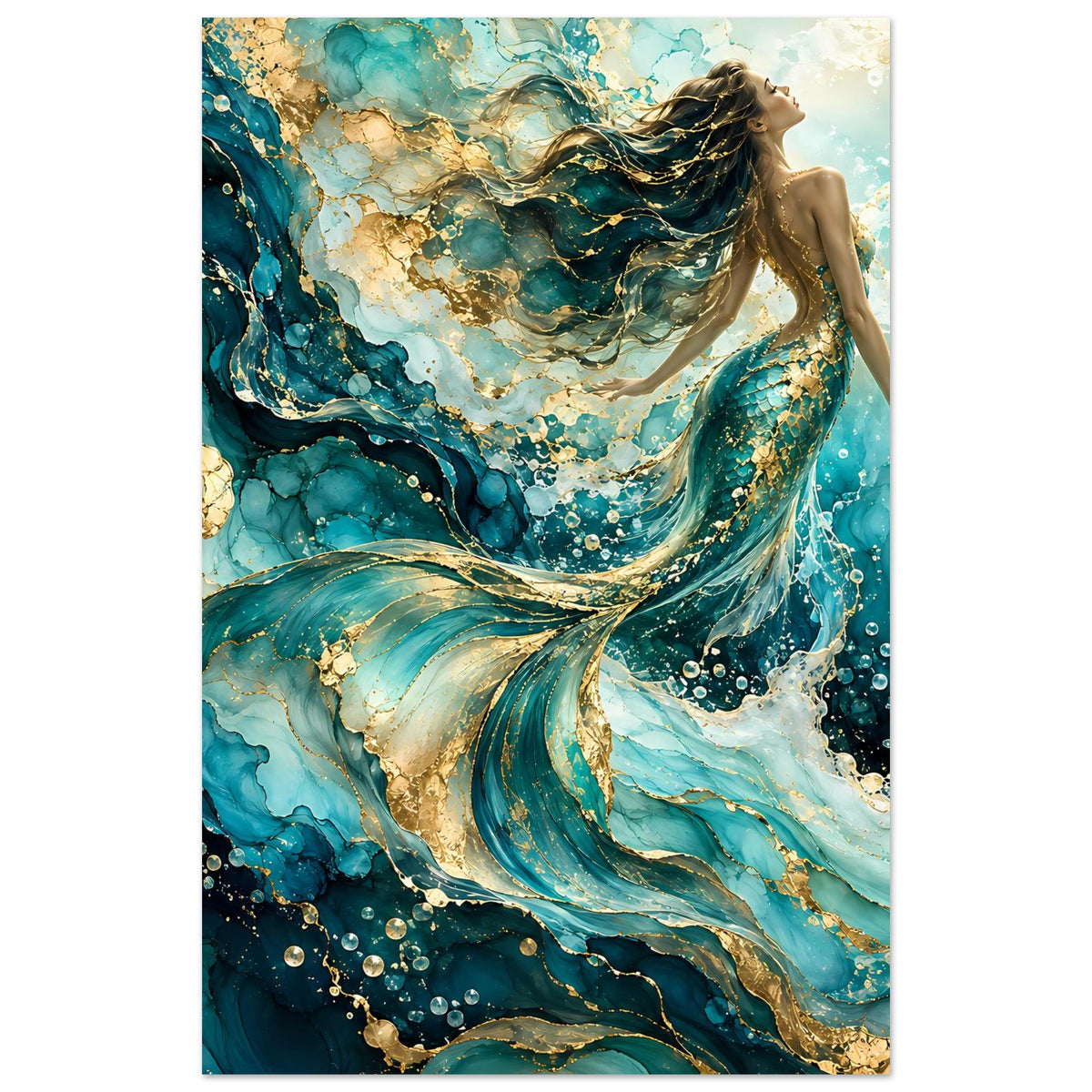 Meerjungfrau-Kunstposter, vertikal: türkis-goldene Wellen und Figur mit Wasserperlen