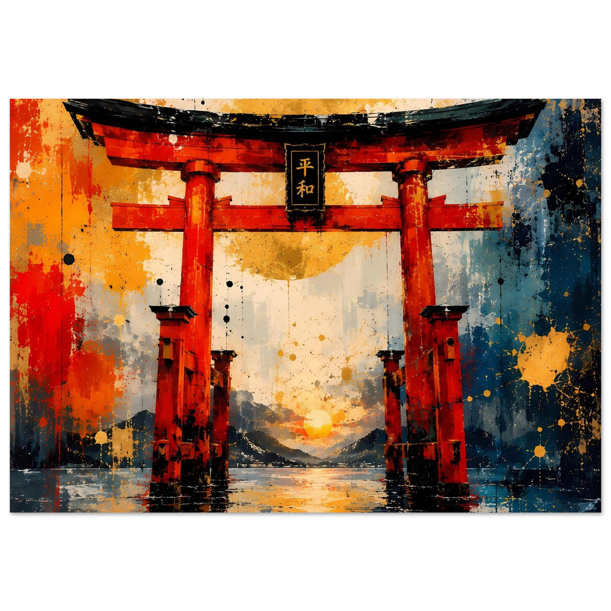 Poster mit rotem Torii-Tor und schwarzer Einfassung, Sprenkel-Textur in Orange und Blau