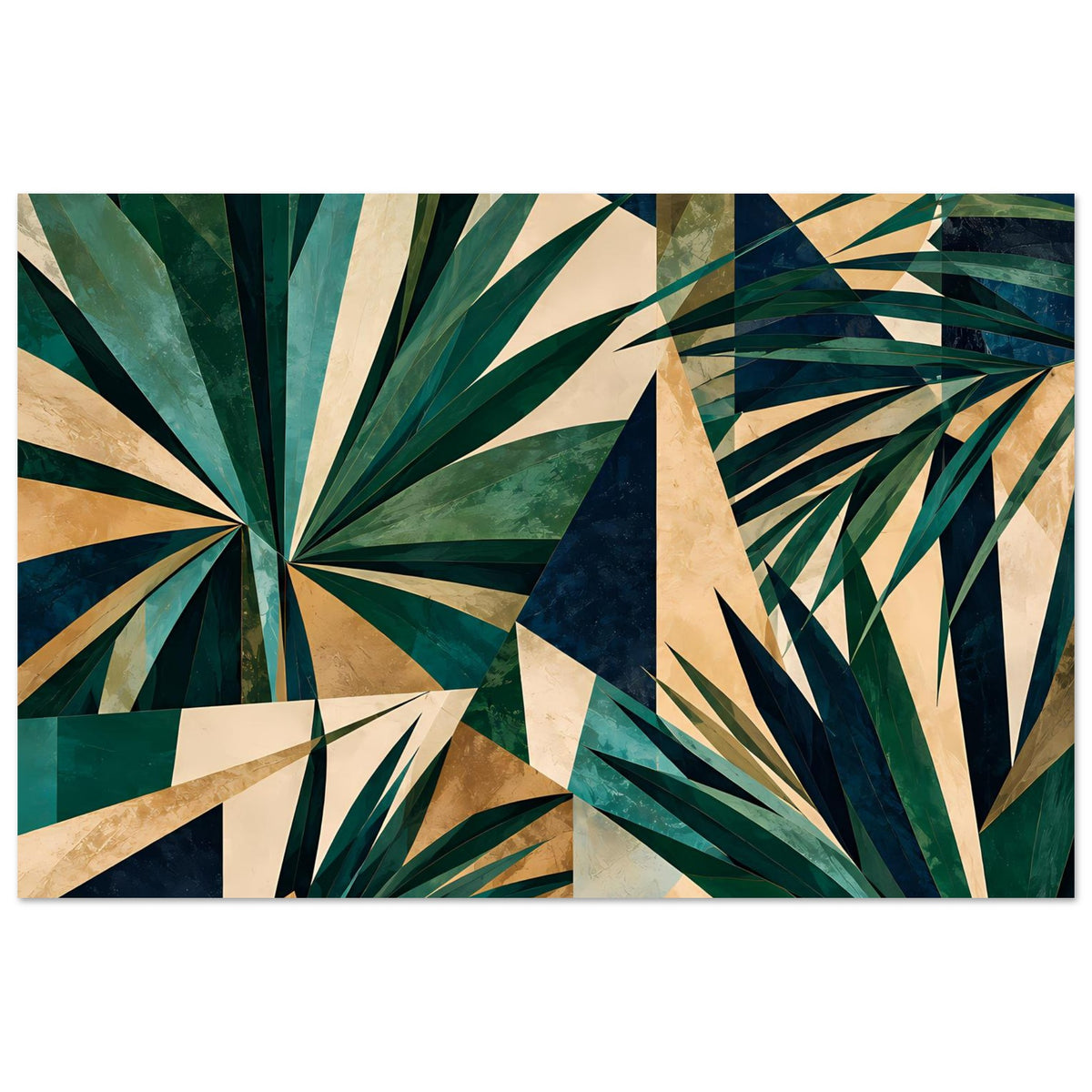 Kunstposter mit geometrischem Tropenblatt-Muster in Grün-Gold-Tönen, horizontal