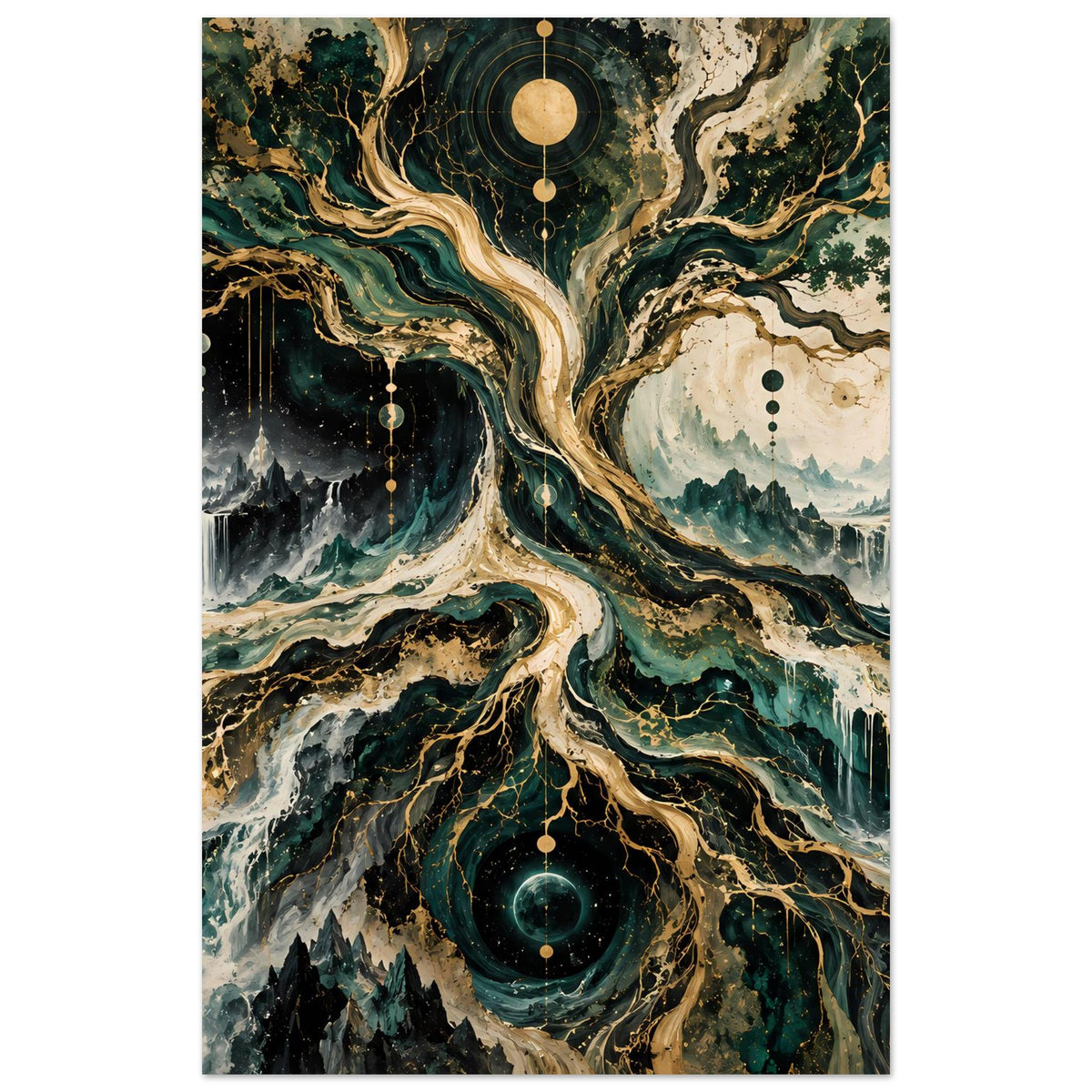Wandposter im Hochformat mit kosmischem Baum, Mondlicht, Nebel und Sternenpunkten