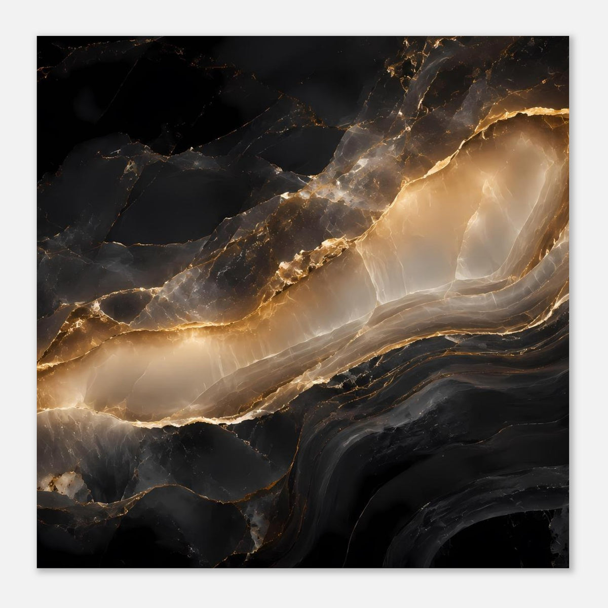 Gerahmter Marmor-Abstract-Druck in dunklem Look mit goldenen Adern und beige schimmernden Bereichen