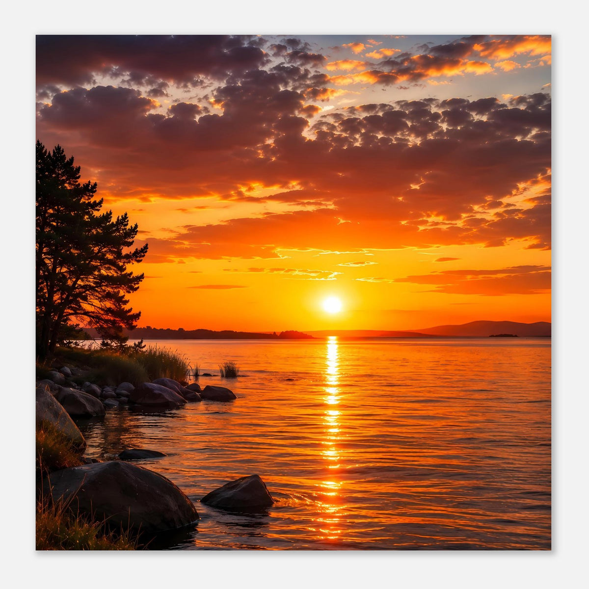 Wandposter: Sonnenuntergang über See mit orangefarbenem Himmel, reflektierendes Wasser und Ufersteine