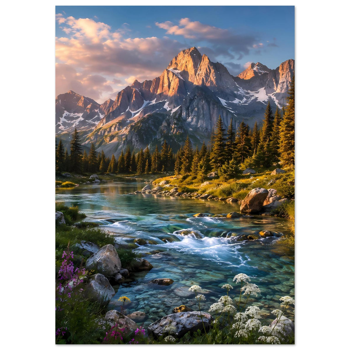 Poster im Hochformat: Bachlandschaft mit Bergpanorama und Kiefern im Vordergrund