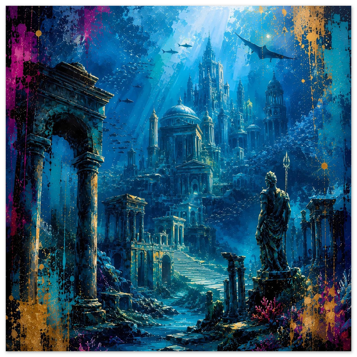 Poster mit tiefblauem Unterwasserpanorama: Ruinen-Säulen, Kuppelbauten, Statue und Sprühpunkte