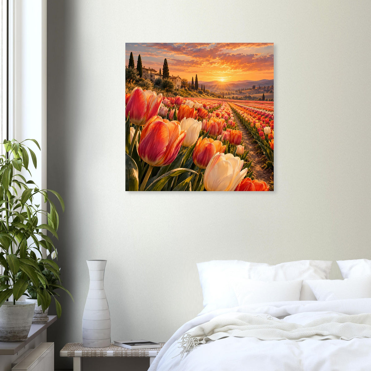 Quadratisches Poster mit Tulpenallee bei Sonnenuntergang und orangefarbenen Blüten im Vordergrund