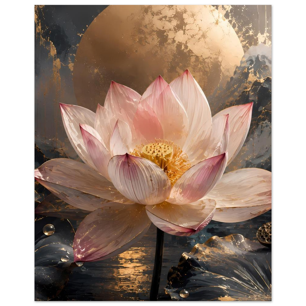 Poster mit großer rosa Lotusblüte, goldener Mondscheibe im Hintergrund