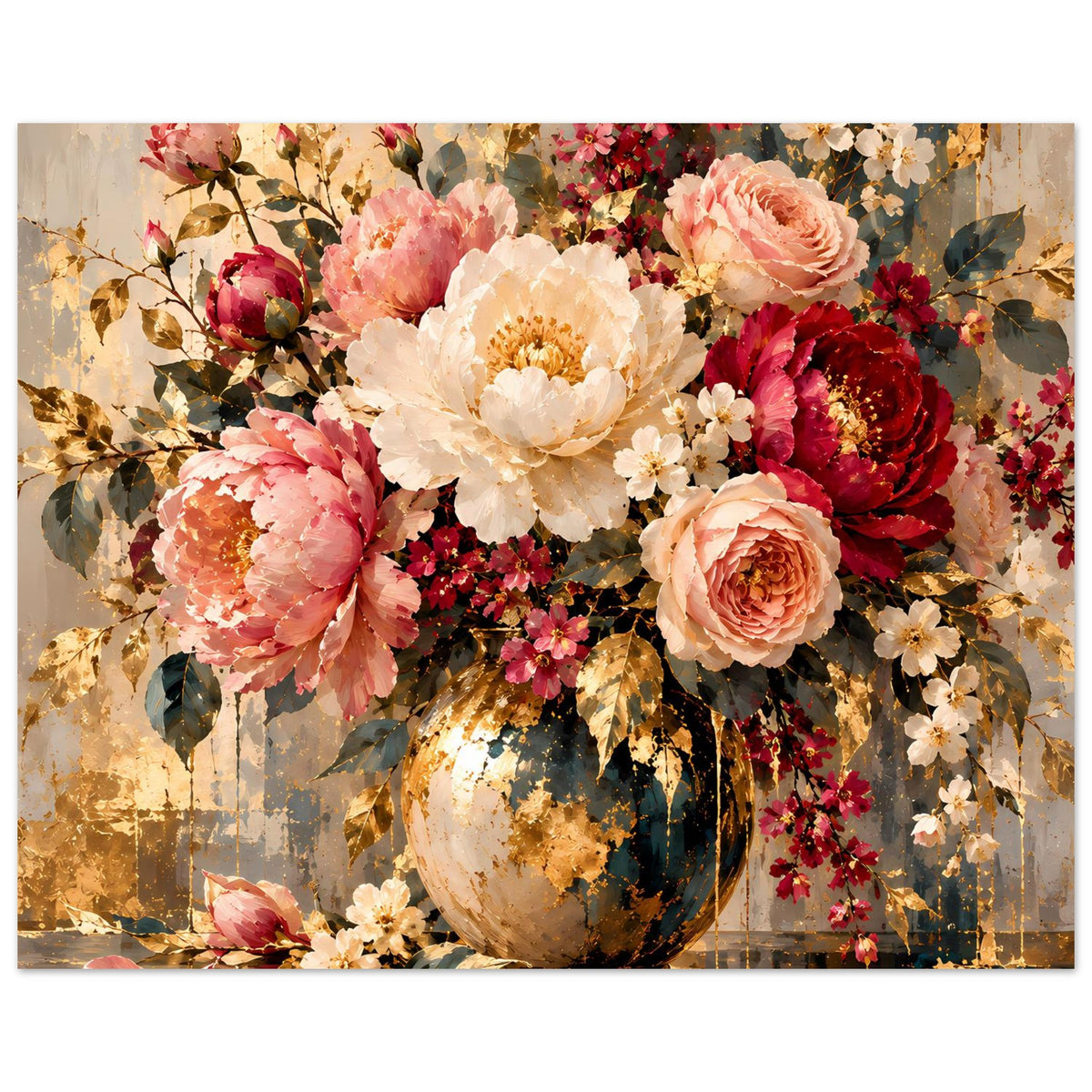 Blumenposter im Querformat: Vase mit Rosen, cremeweiße, pinke und dunkelrote Blüten
