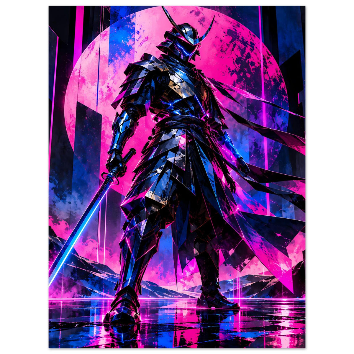 Neon-Samurai Poster: Cyberpunk-Krieger im Fokus, Neon-Armor in Blau und Pink