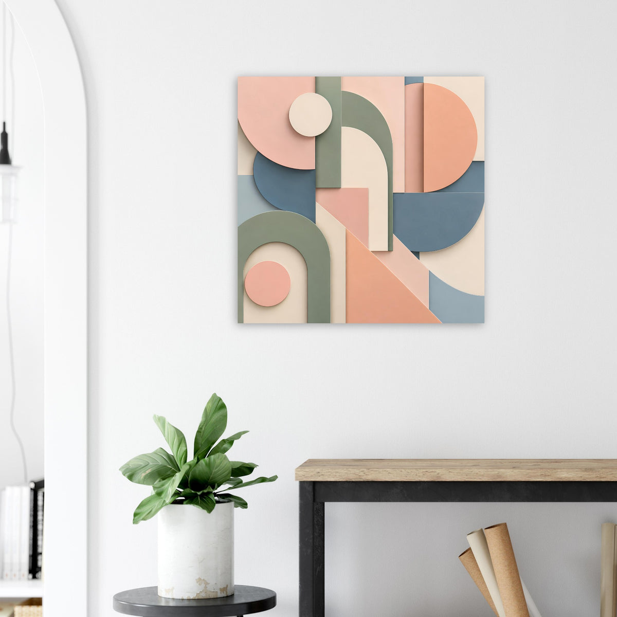 Abstraktes Kunstposter im schmalen Rahmen mit Kreisen und Linien in Terrakotta und Salbeigrün