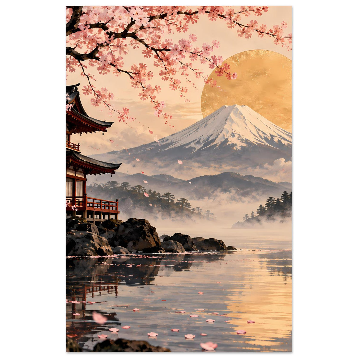 Hochformatiges Poster mit Kirschblütenzweig, goldenem Mond, Fuji und Landschaft am Wasser