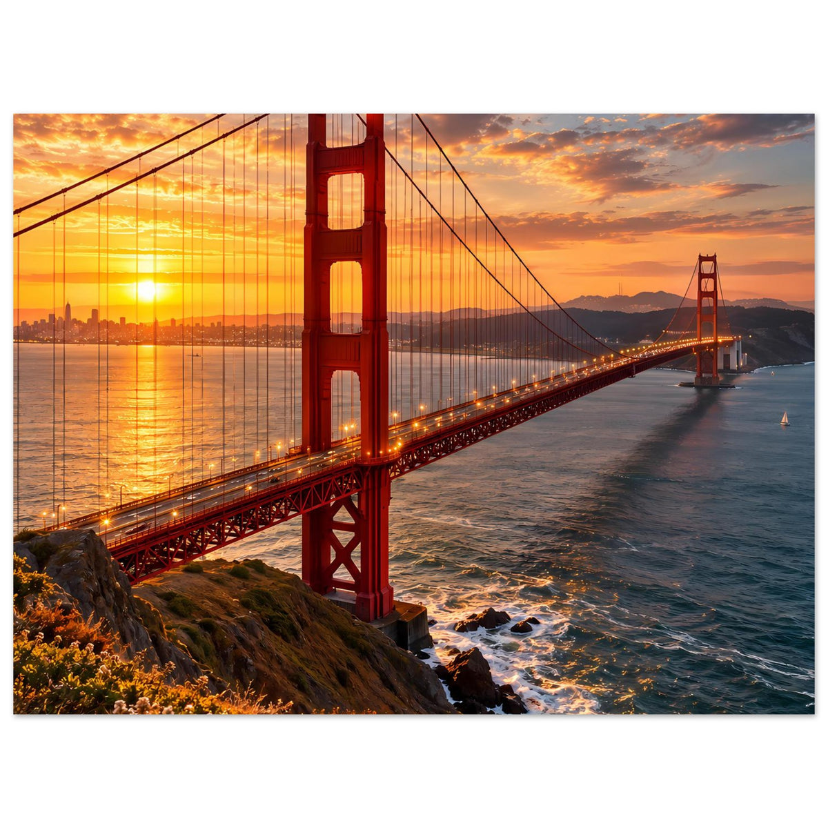 Querformat-Poster der Golden Gate Bridge: Sonnenuntergang, Felsen, Wasser und Hängebrücke