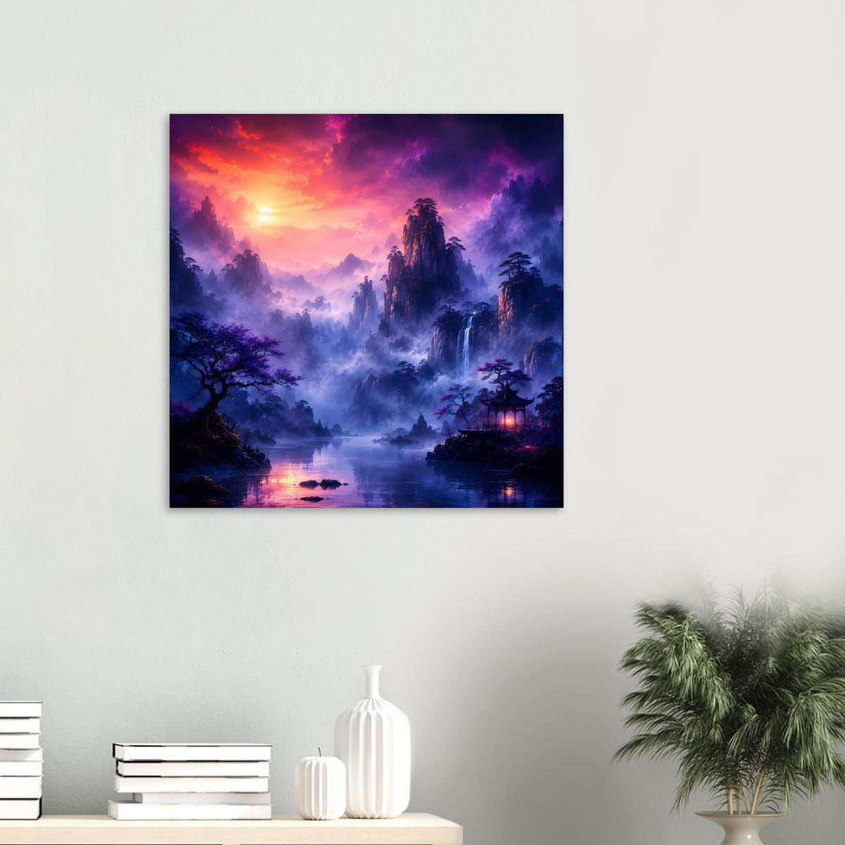 Fantasy-Poster im schwarzen Rahmen mit nebligen Bergen, violettem Himmel und See