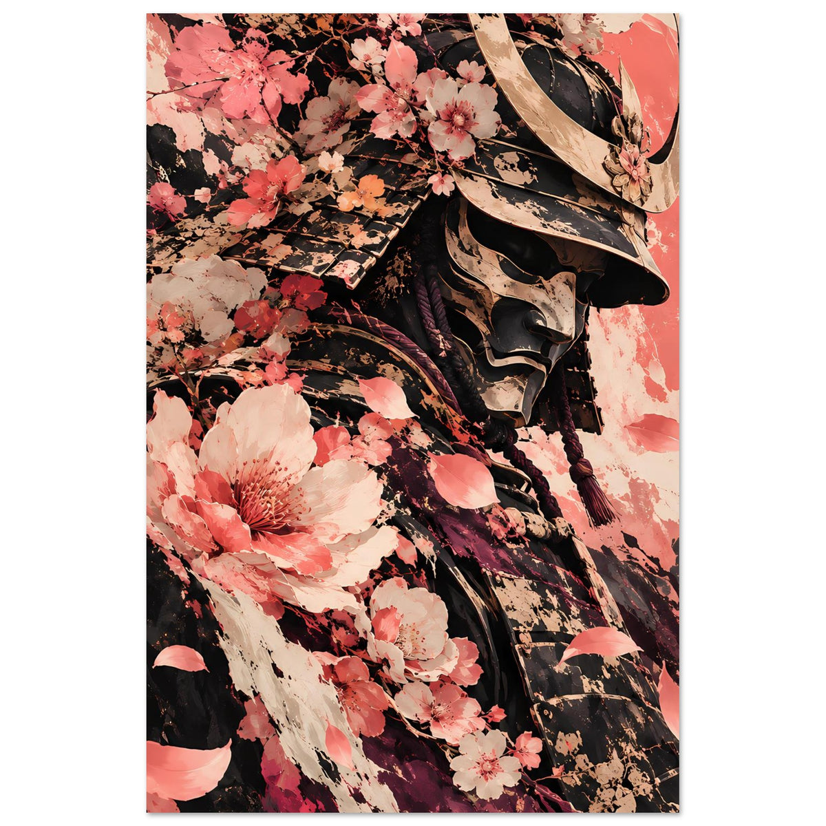 Poster mit Samurai und Kirschblüten, schwarze Rüstung und rosafarbene Blüten