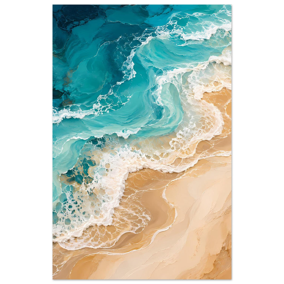 Ozeanposter im Hochformat: türkis-blaues Wasser, beiger Sand, weißer Wellenschaum