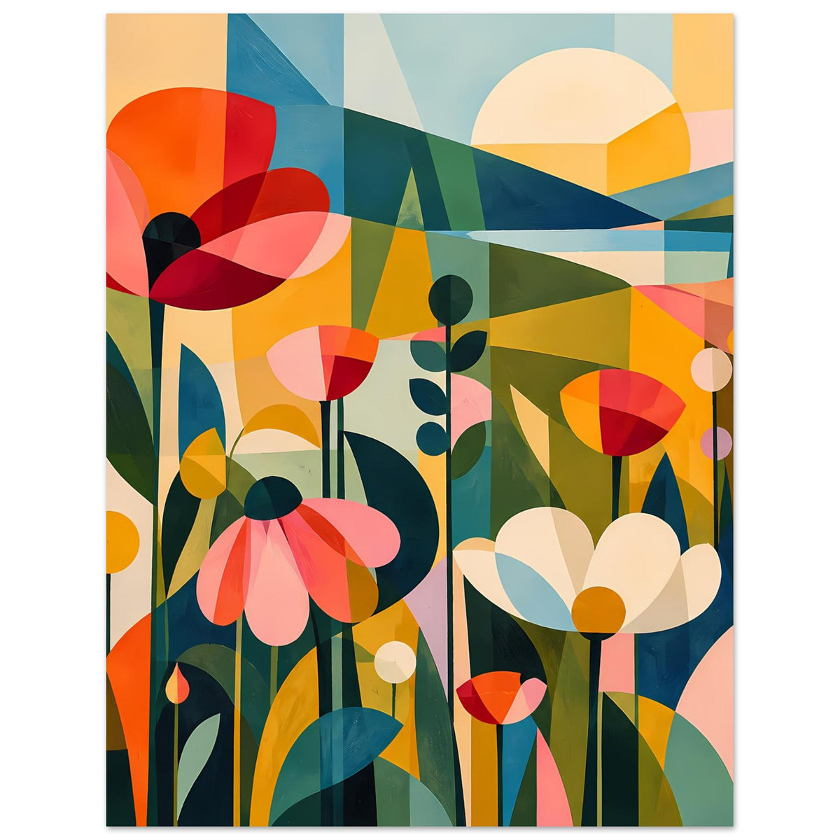 Abstraktes Blumenposter im Hochformat mit farbenfrohen Blüten und grünen Pflanzenformen