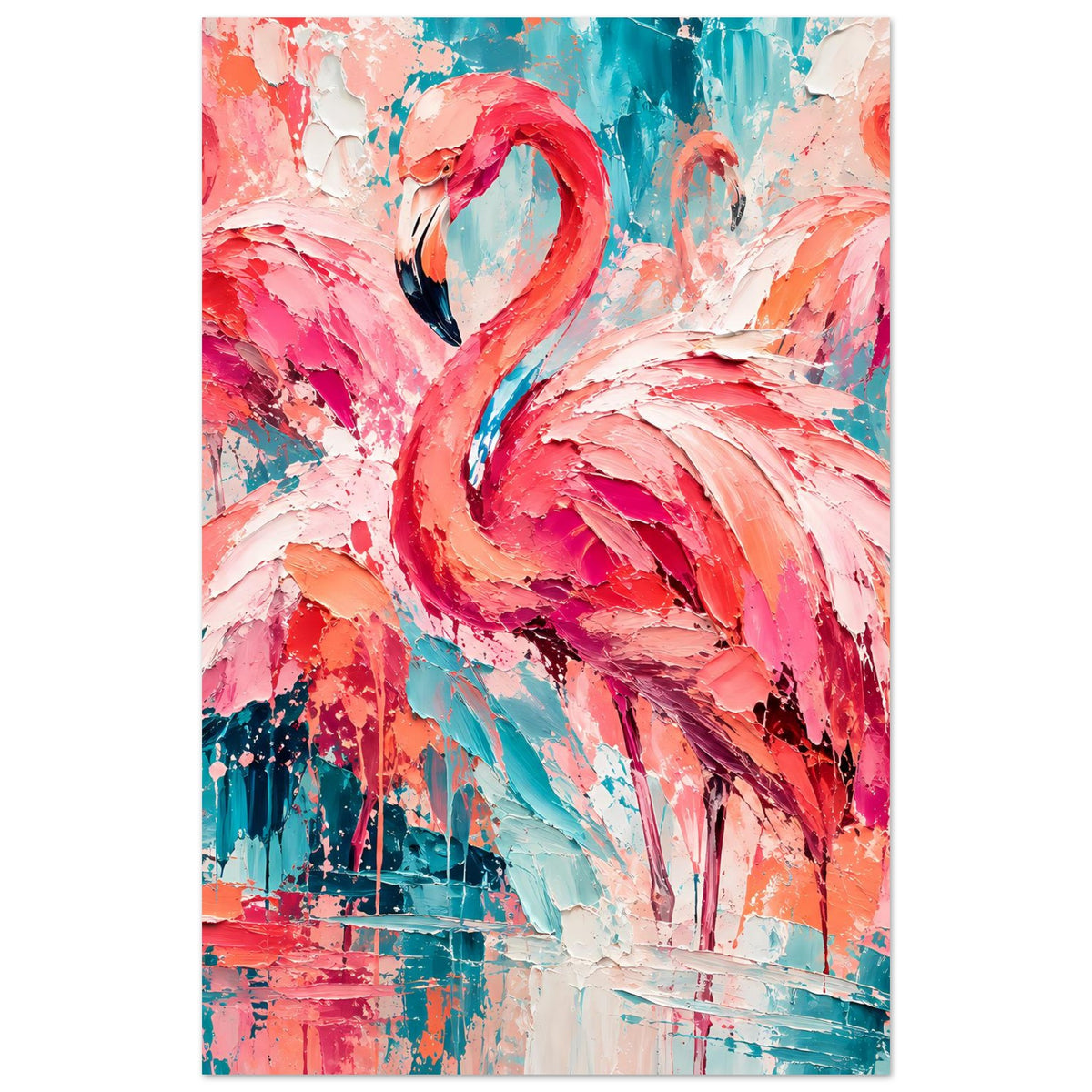 Hochformatiges Flamingo-Poster: großer Vogel in Pink und Türkis, abstrakter Pinselstil