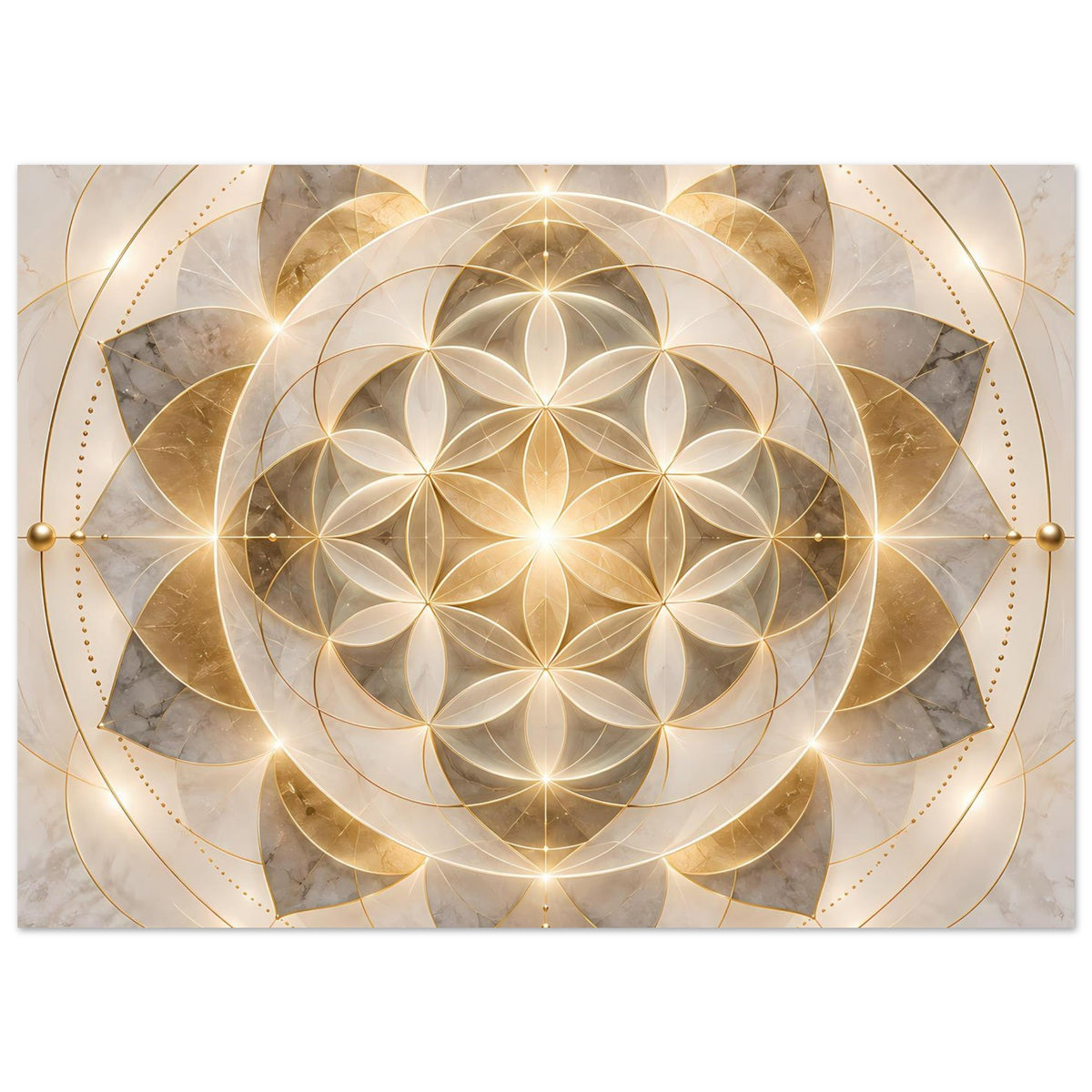 Goldenes Mandala-Poster im Querformat mit leuchtendem Kreis, gold-grauen Ornamenten