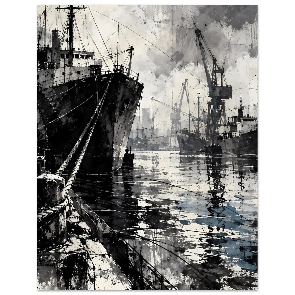 Hafenposter mit Schiff am Kai, mehrere Kräne im Hintergrund, Wasserreflexion