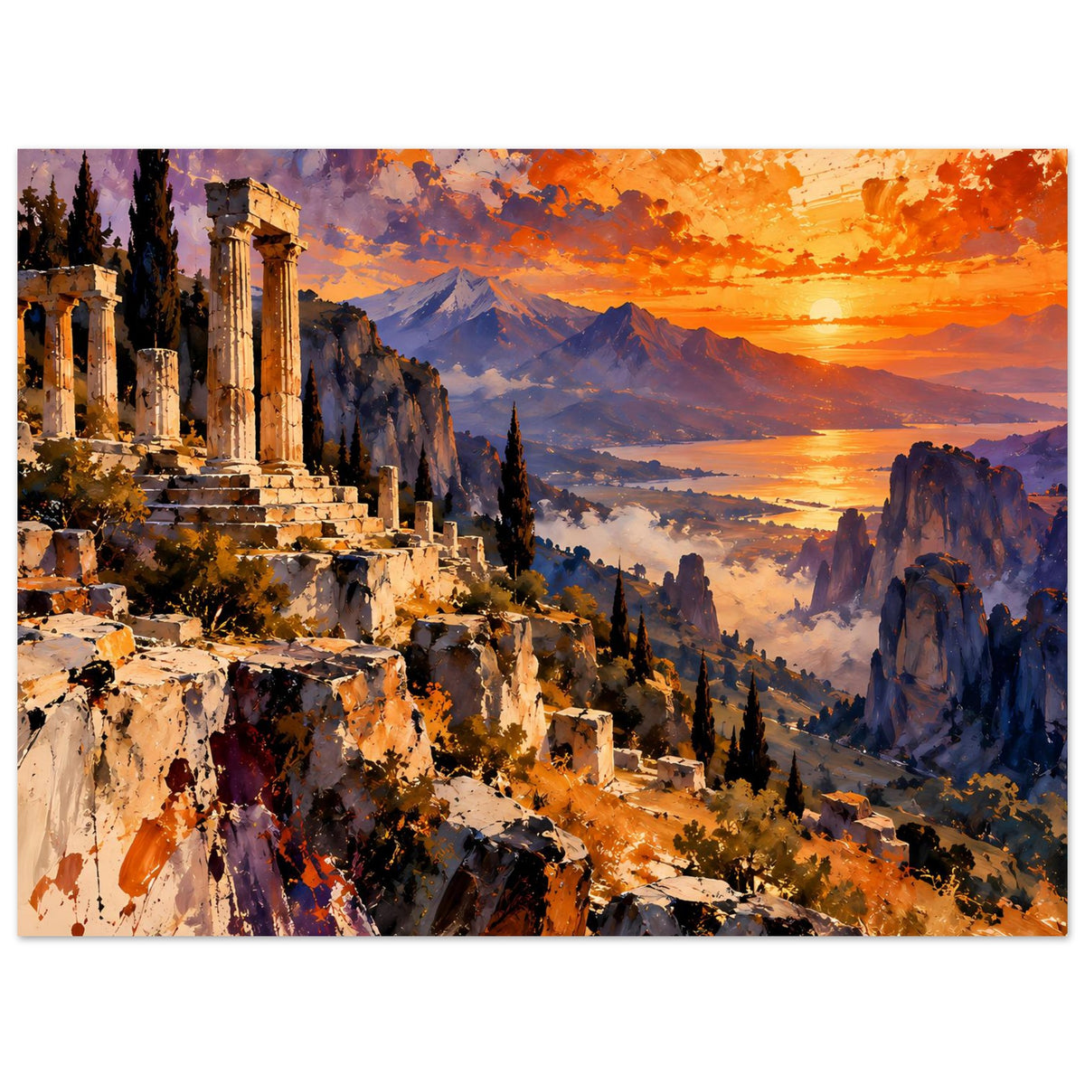 Horizontales Poster: Ruinenklippen vorne, Sonnenuntergang über der Landschaft mit Blau-Orange-Kontrast.
