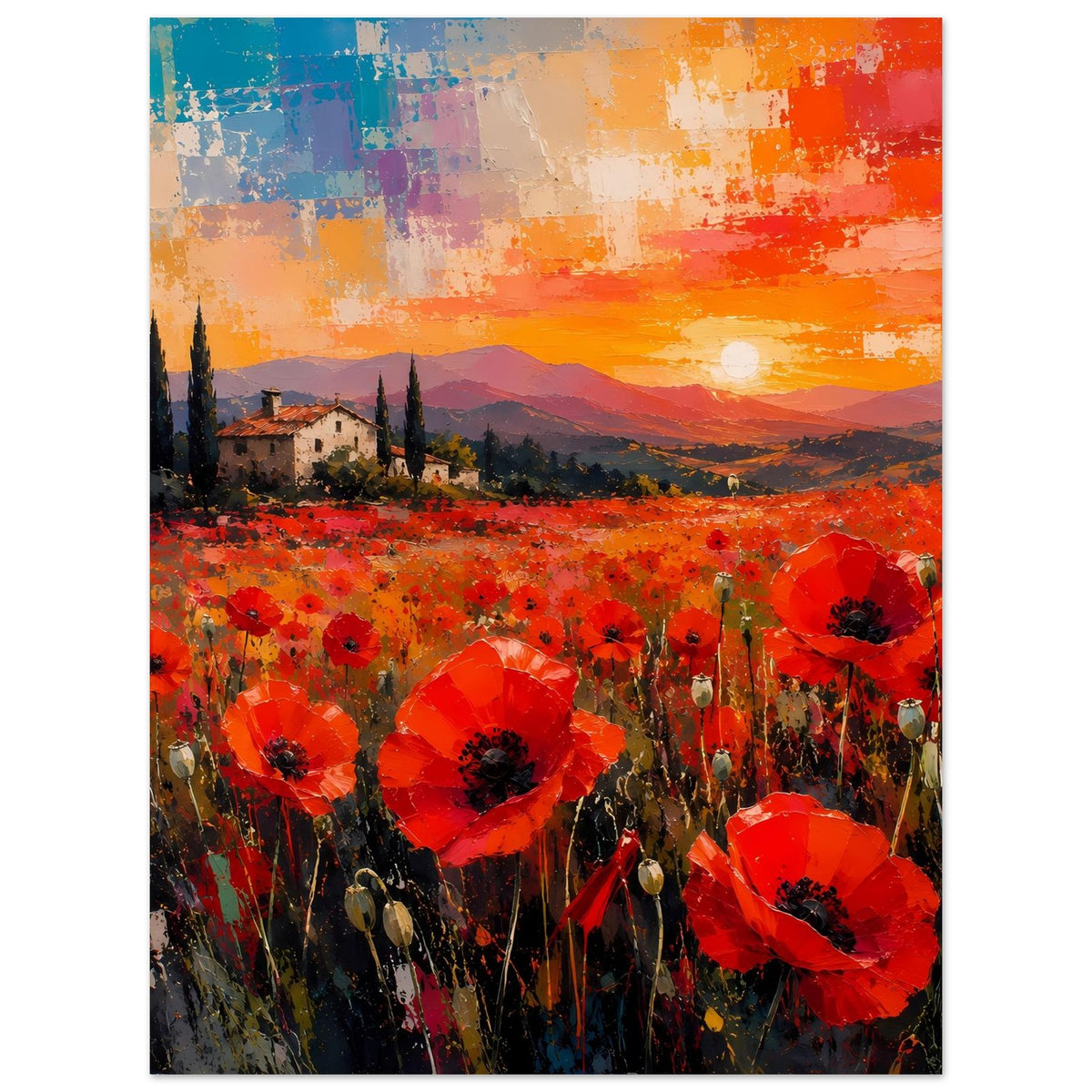 Poster, enger zugeschnitten: rotes Mohnblumenfeld mit großer roter Blüte rechts
