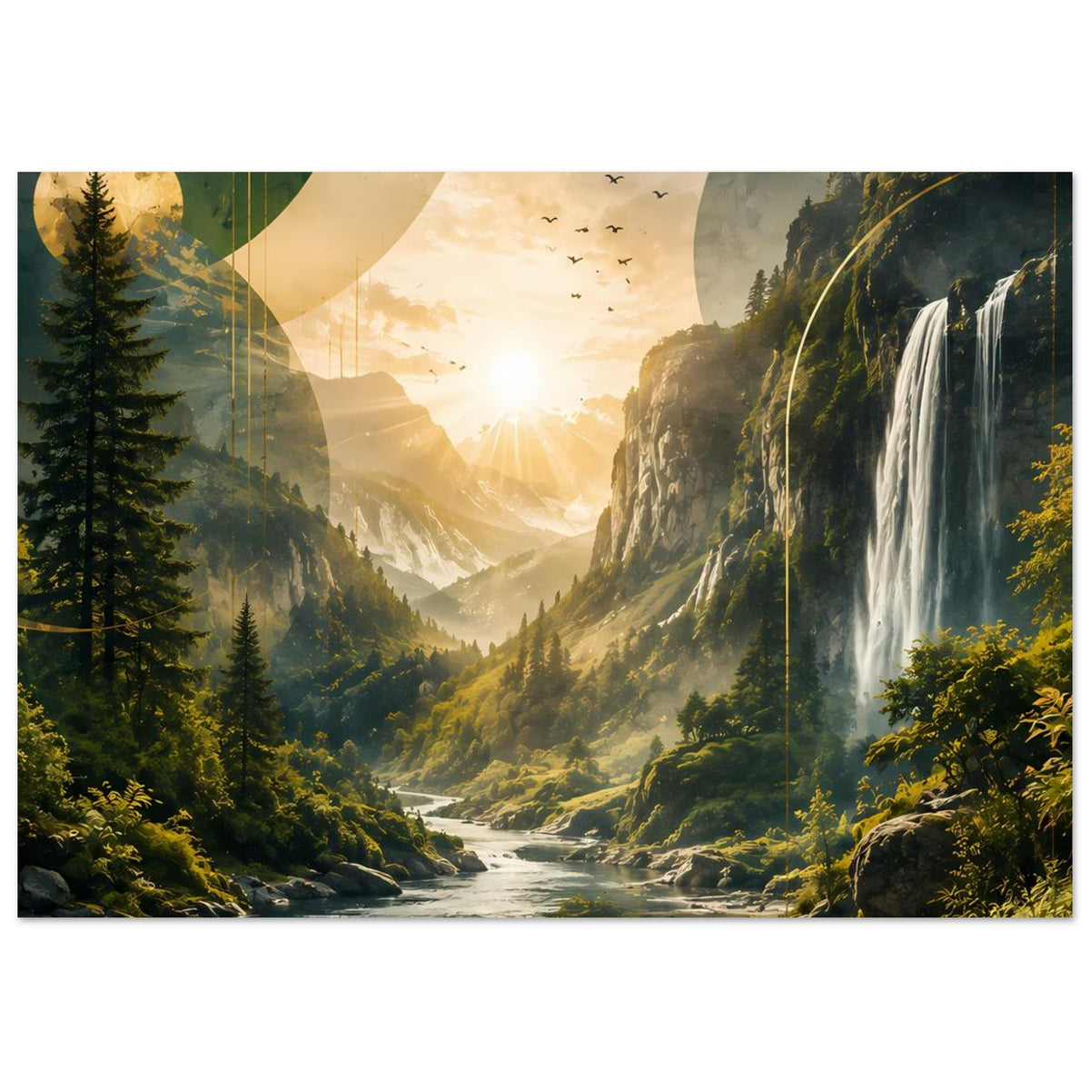 Vertikales Poster mit Wasserfall rechts, Fluss im Tal und Sonnenaufgang über Bergen