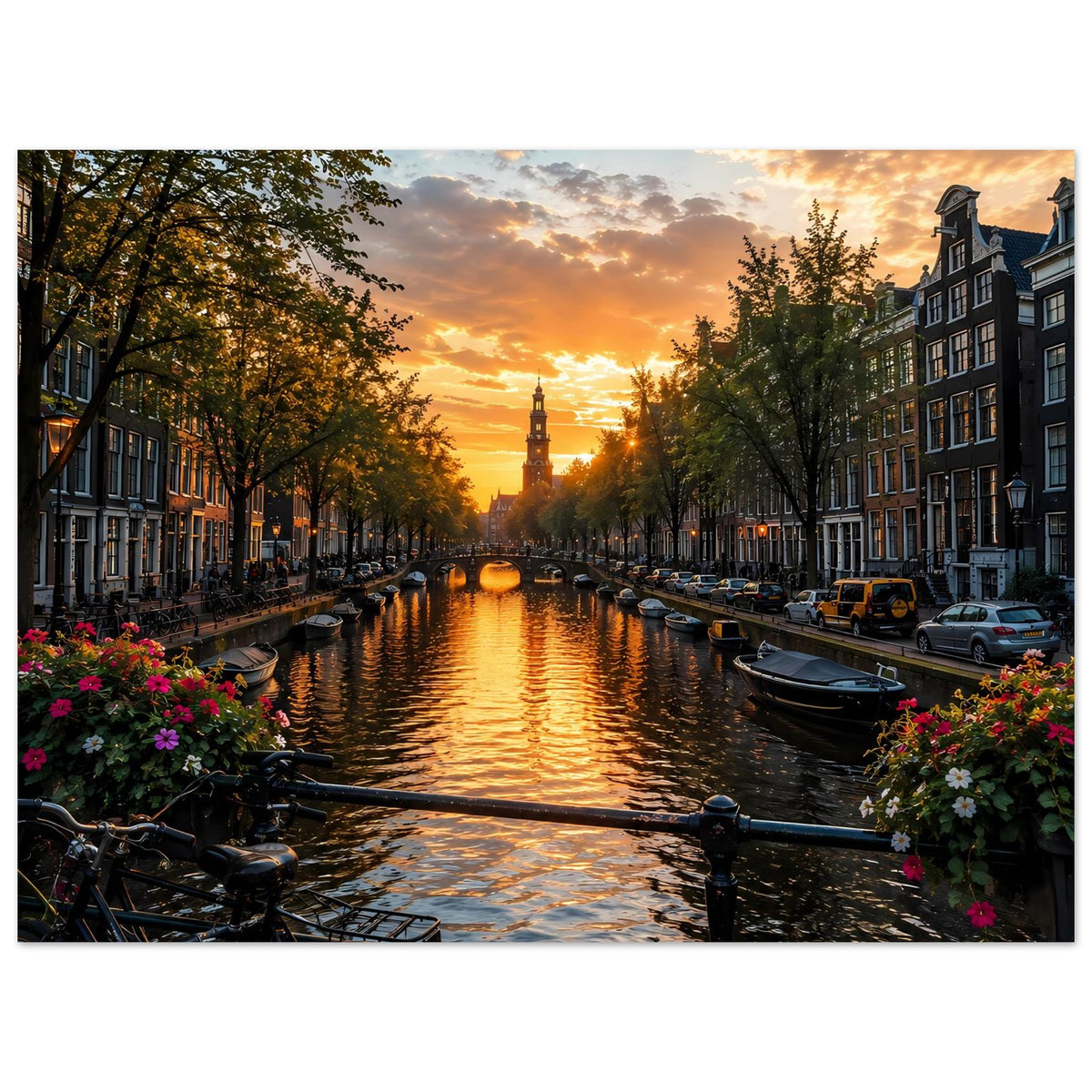 Querformat-Poster mit Sonnenuntergang über Amsterdamer Kanal, Boote, Fahrräder und Blumen