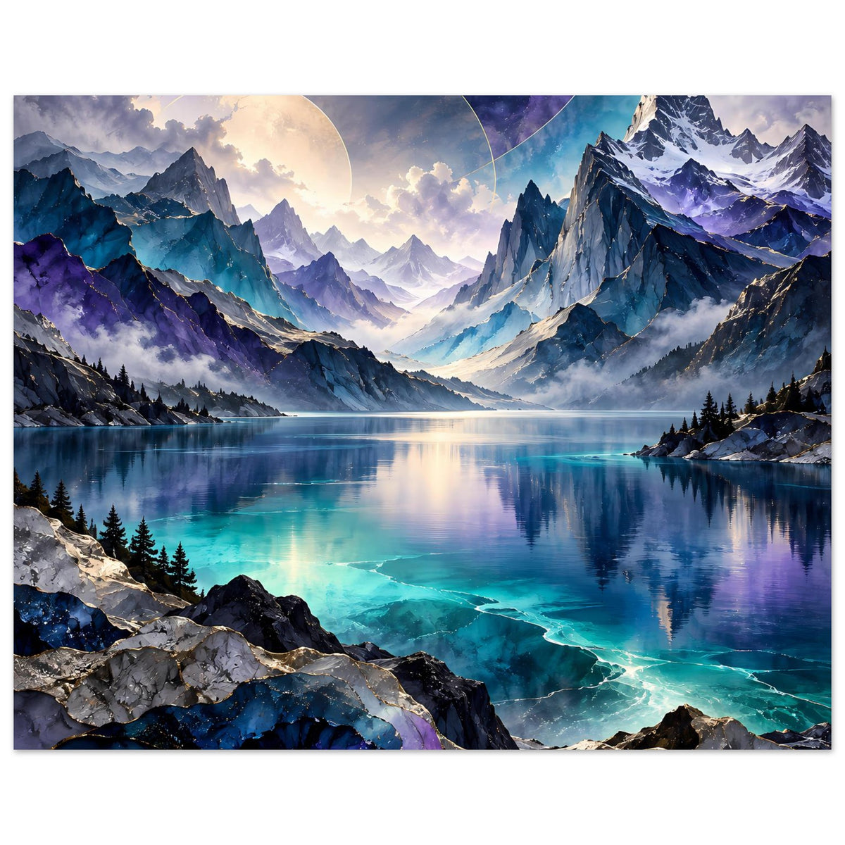 Bergsee-Poster mit weiten Bergketten, ruhigem See, türkisfarbenem Licht und violetten Akzenten