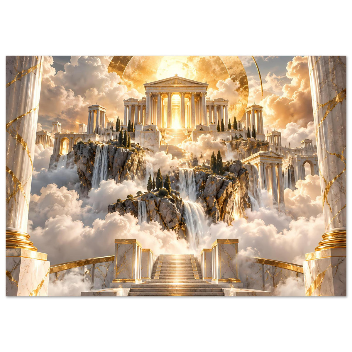 Hochformat-Poster: Tempel im Lichtschein, Säulenflügel und goldene Bogenform im Himmel