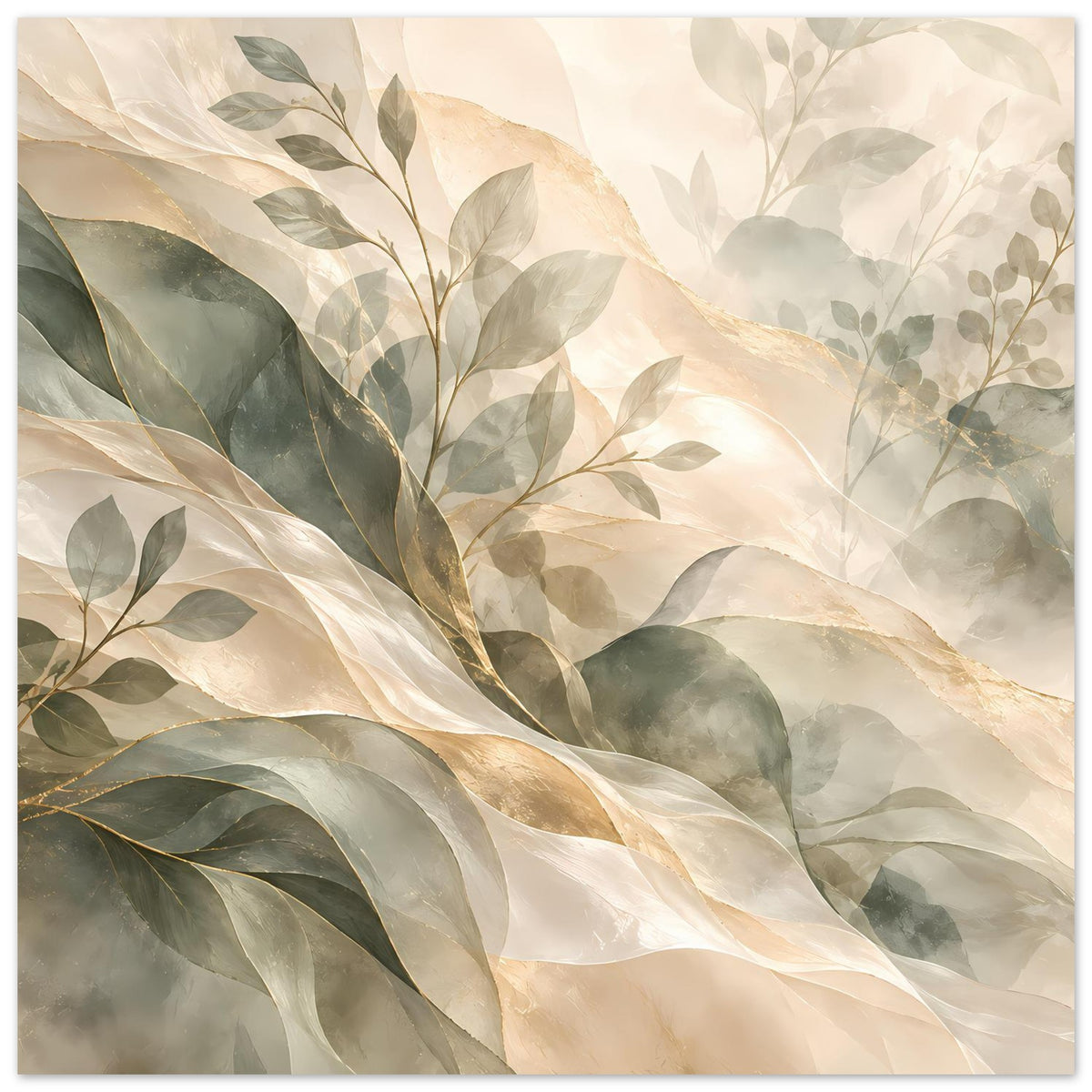 Botanisches Kunstposter mit großen Blättern in Salbei, Creme und Goldtönen