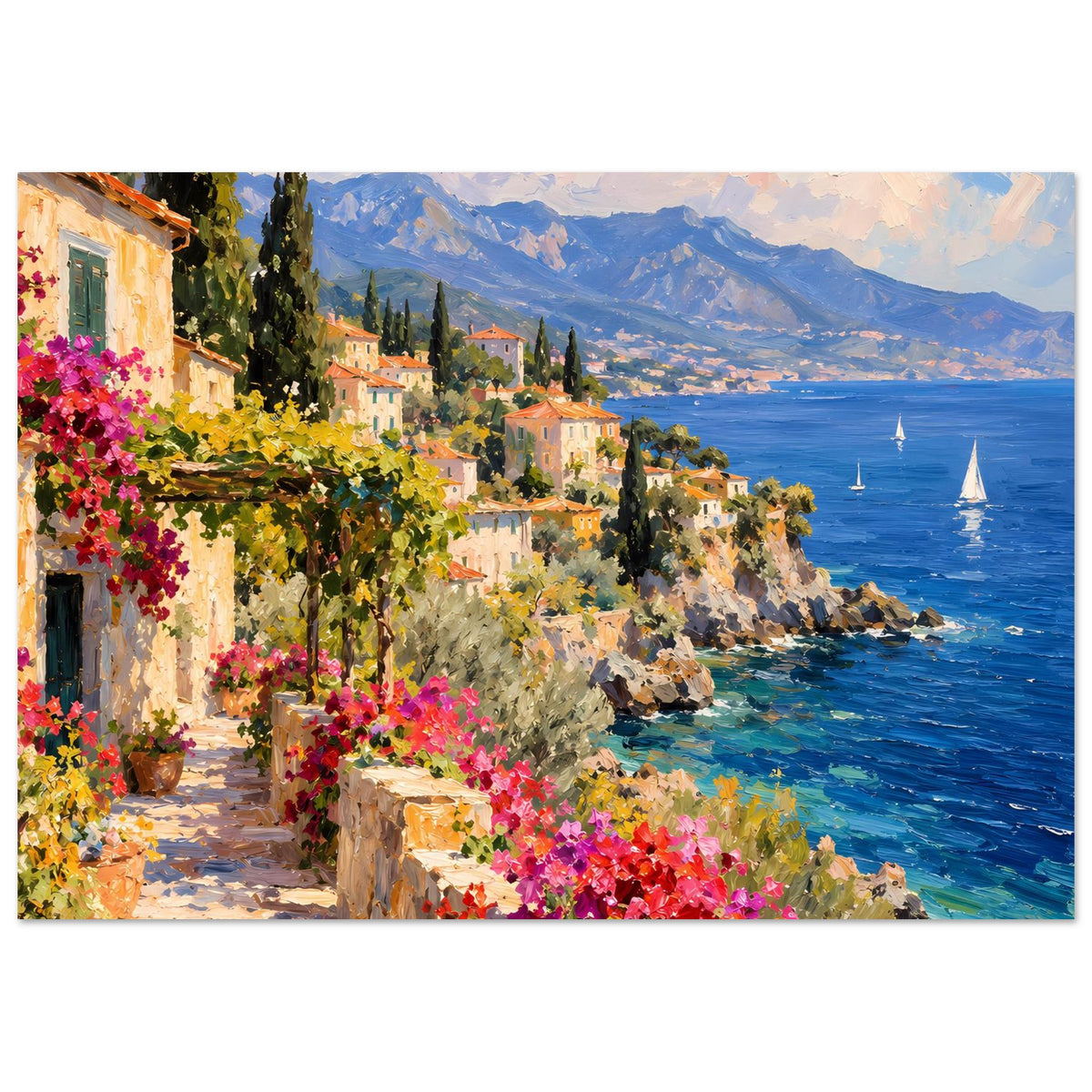 Kunstdruck-Poster horizontale Küstenszene: Häuser, schmale Gasse, pinke Blumen, Seeblau