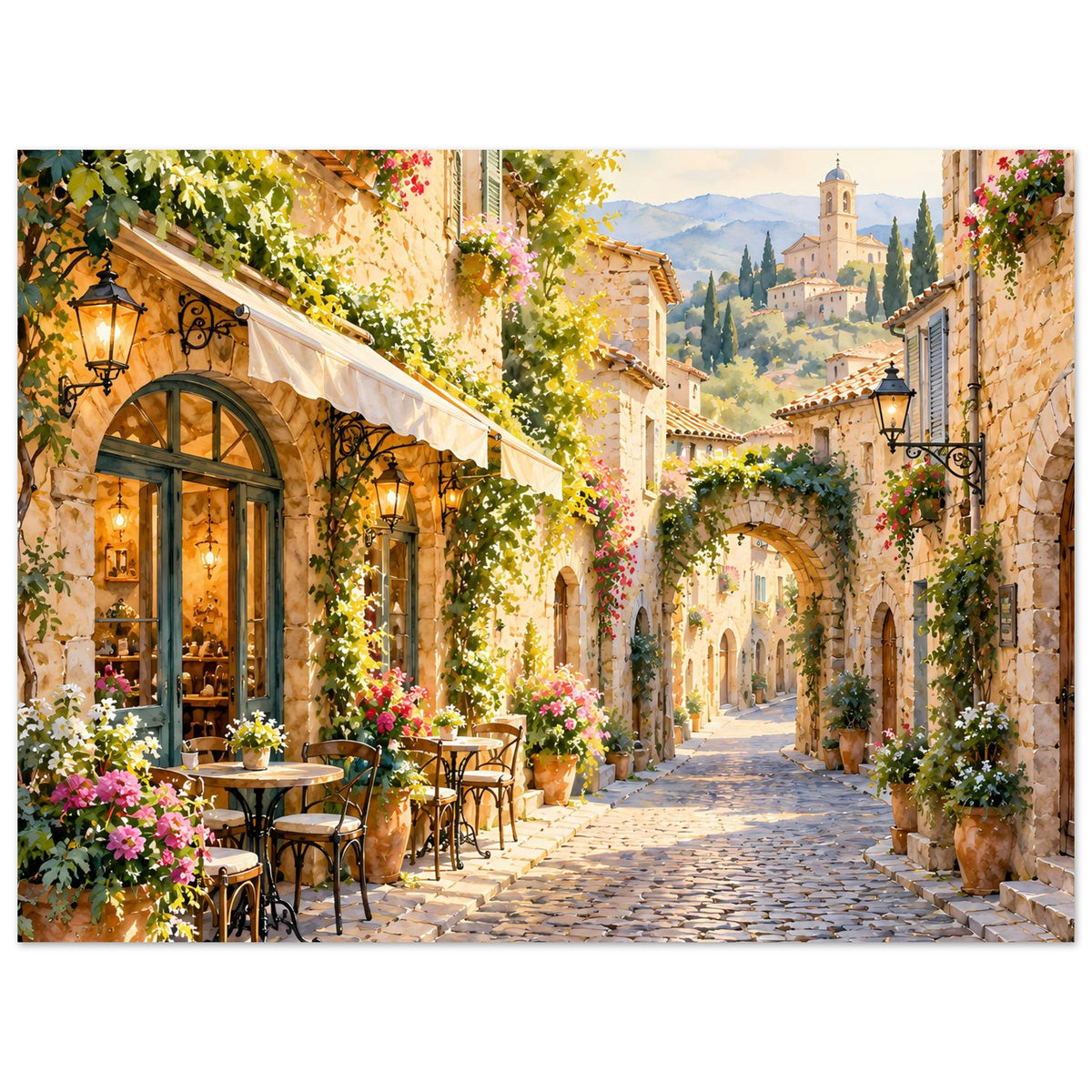 Poster mit mediterraner Dorfstraße, Café und Bogen