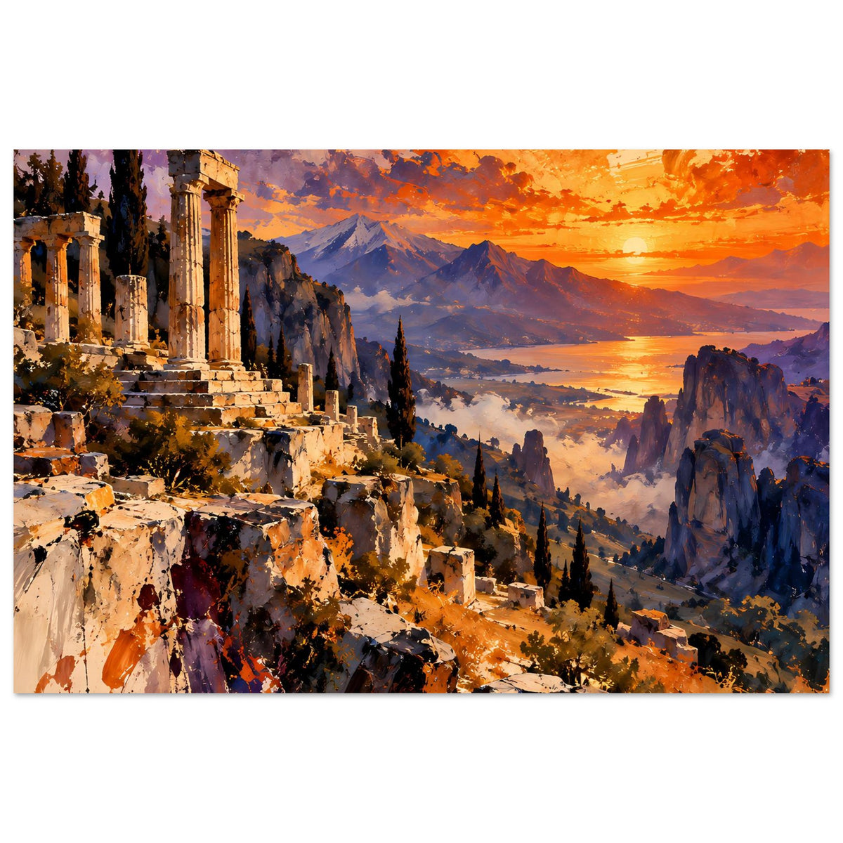 Horizontales Poster mit warmem Sonnenuntergang über antiken Ruinen und farbigen Felsen.