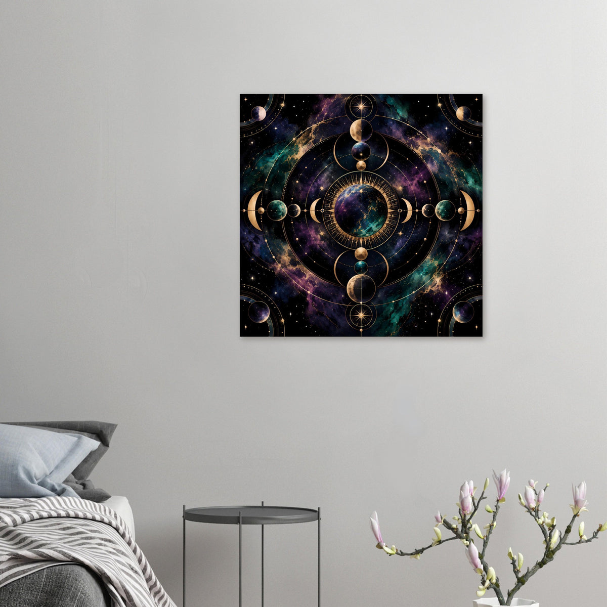 Gerahmtes Poster mit kosmischem Mondphasen-Motiv, zentrale Mondscheibe, goldene Ornamente