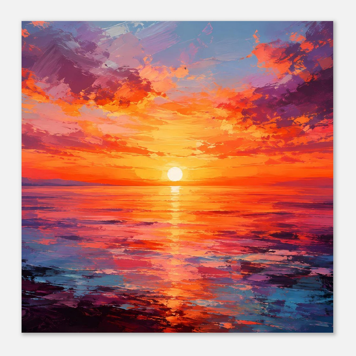 Poster Sonnenuntergang über dem Meer: orange Sonne, violette Wolken und ruhige Wasseroberfläche