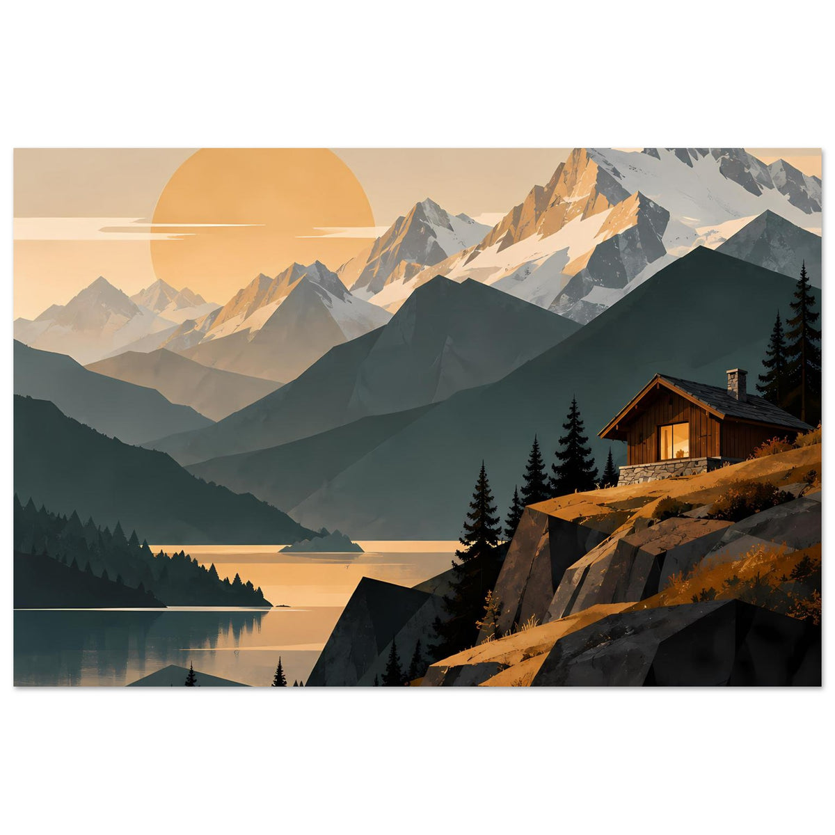 Poster mit Alpenlandschaft am See: Sonnenuntergang, Berge, Holzhaus rechts im Bild