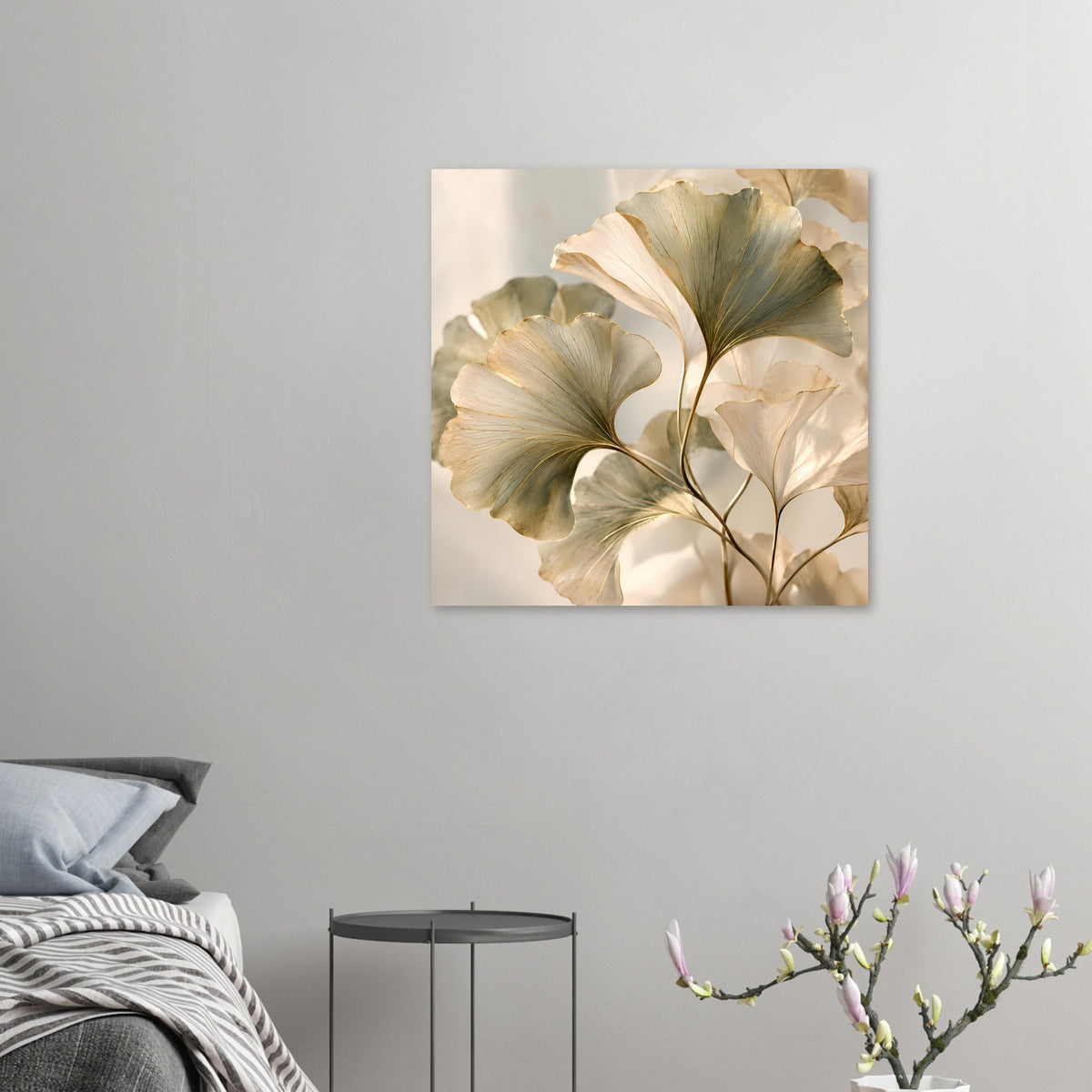 Botanisches Blätterposter, klein gerahmt: cremefarbene Blätter und grünliche Adern