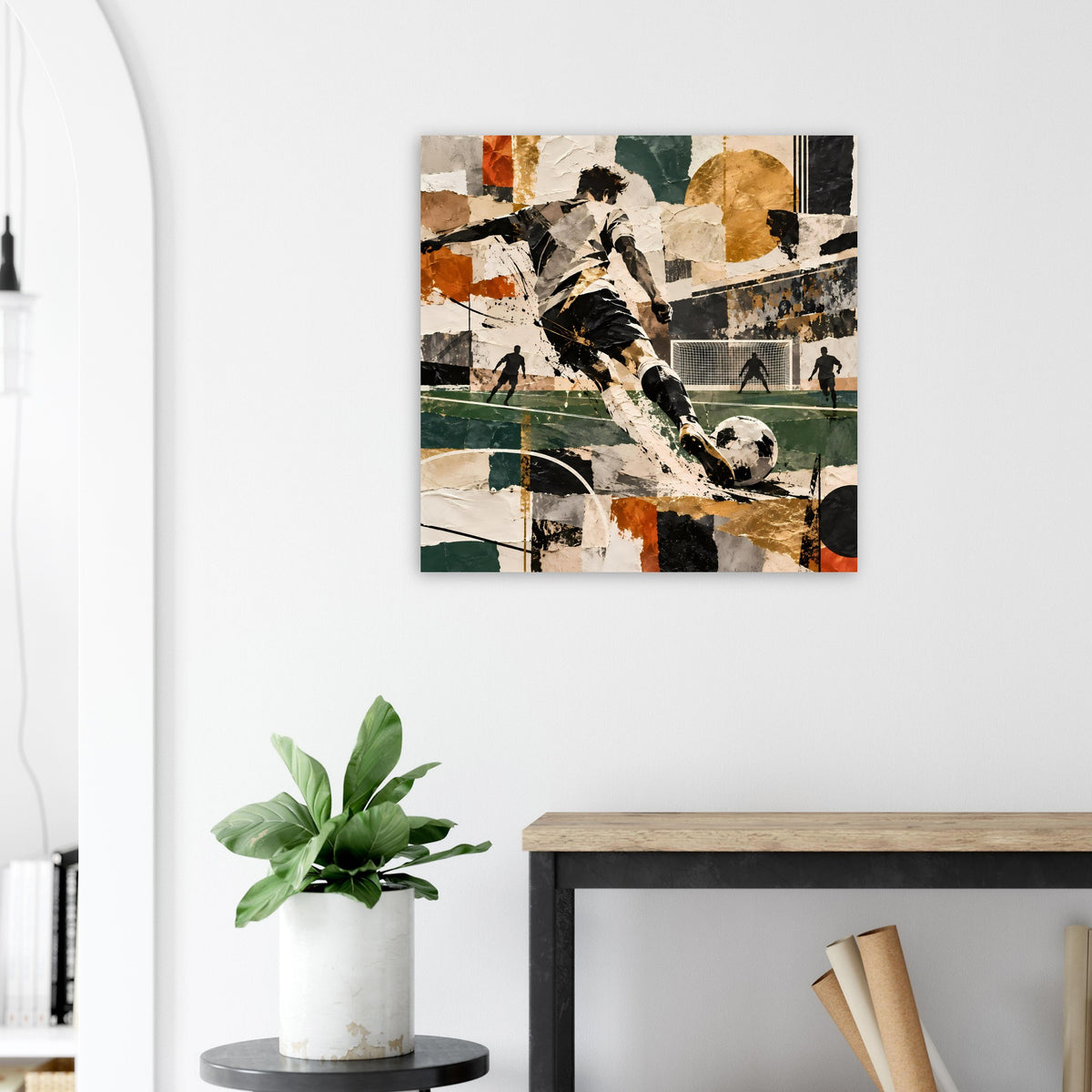 Wandposter Kunstdruck: Fußballspieler dribbelt, Collage-Optik mit Braun-, Grün- und Cremetönen
