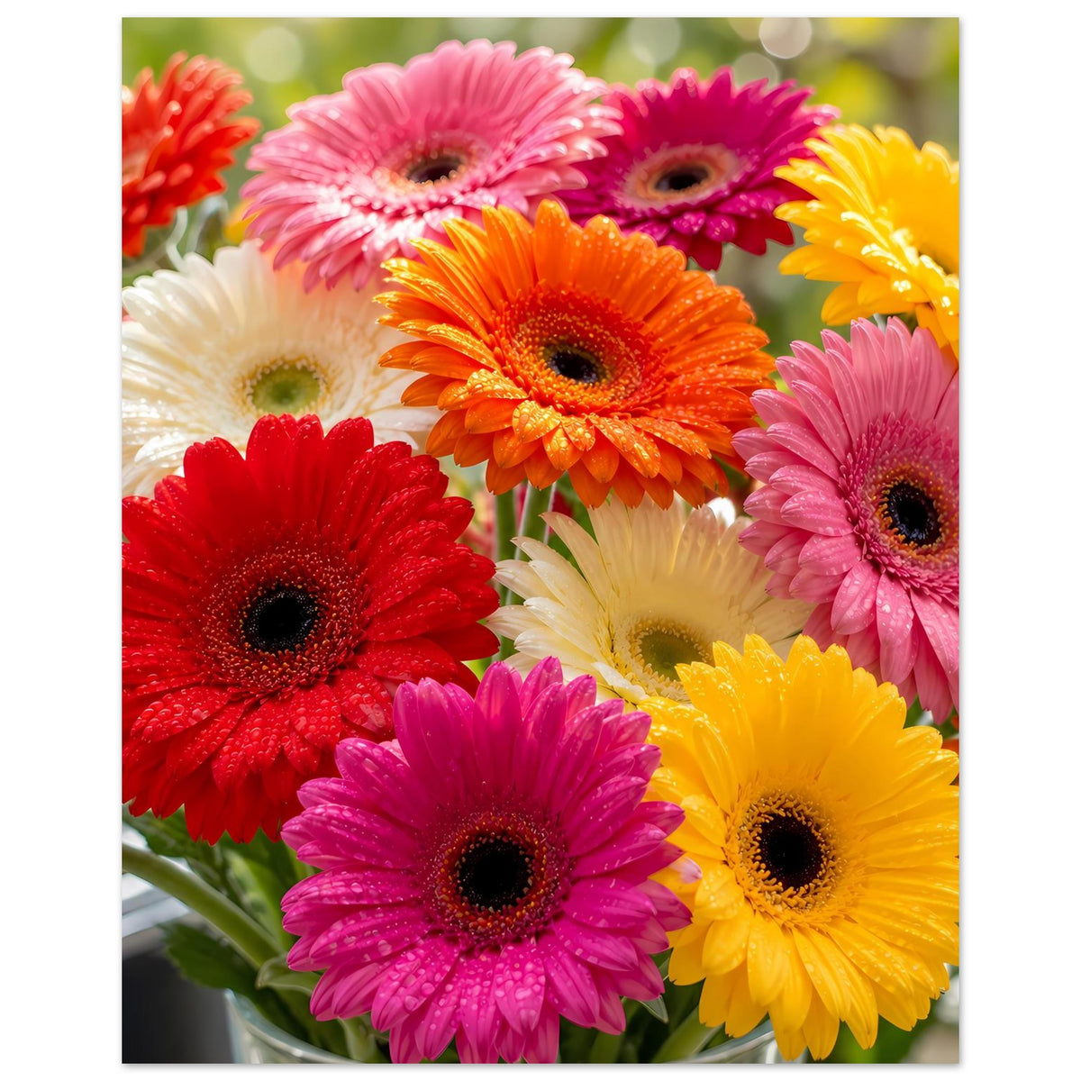 Gerbera-Blumenposter im Hochformat mit bunten Gerbera-Blüten: orange, rot, pink und gelb