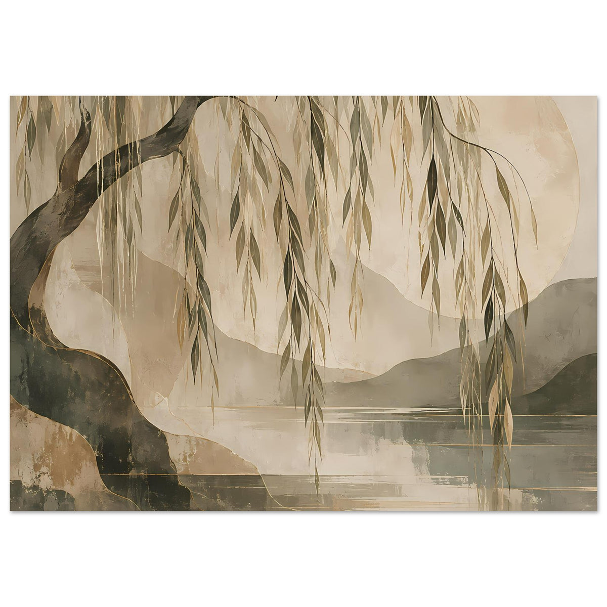 Horizontales Willowbaum-Kunstposter mit hängenden Zweigen in erdigen Beige-, Grün- und Grautönen