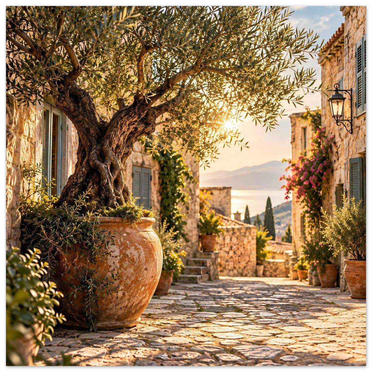 Mediterranes Fotoposter: Olivenbaum, Tongefäß und Pflanztöpfe in der mediterranen Gasse