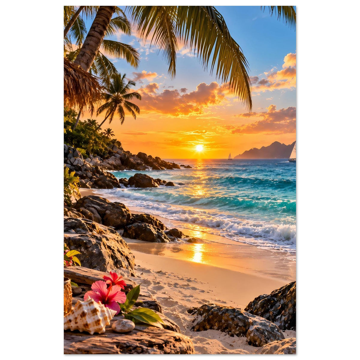 Vertikales Poster mit Sonnenuntergang am Strand: Palmen, Felsen, goldene Sonne über dem Meer