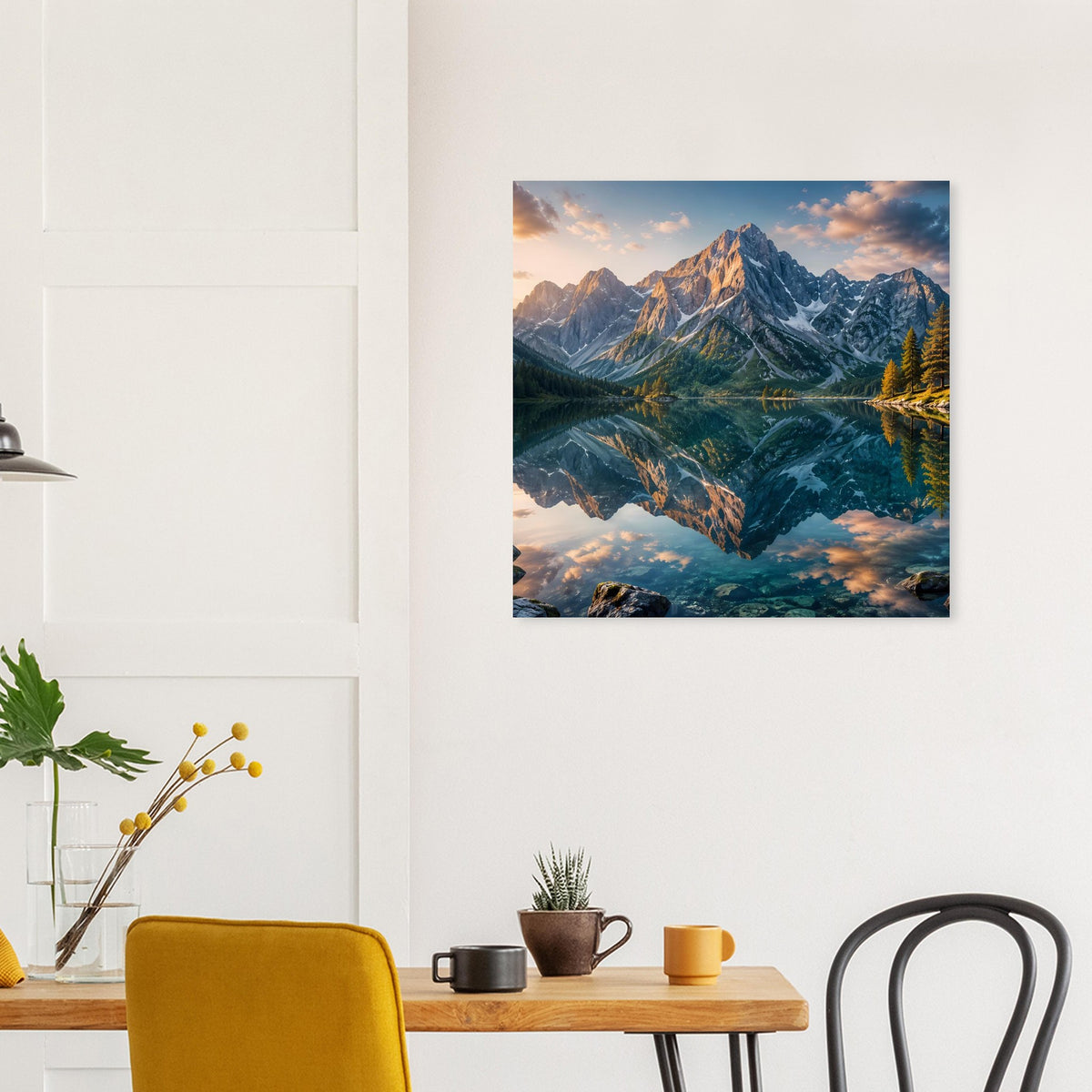 Landschaftsposter mit Bergmassiv, tiefem Tal und spiegelndem See, Abendhimmel, quadratisch