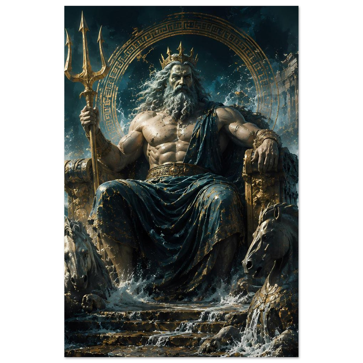 Poster im Hochformat: Poseidon auf Thron mit Dreizack; Wellen und zwei Pferde