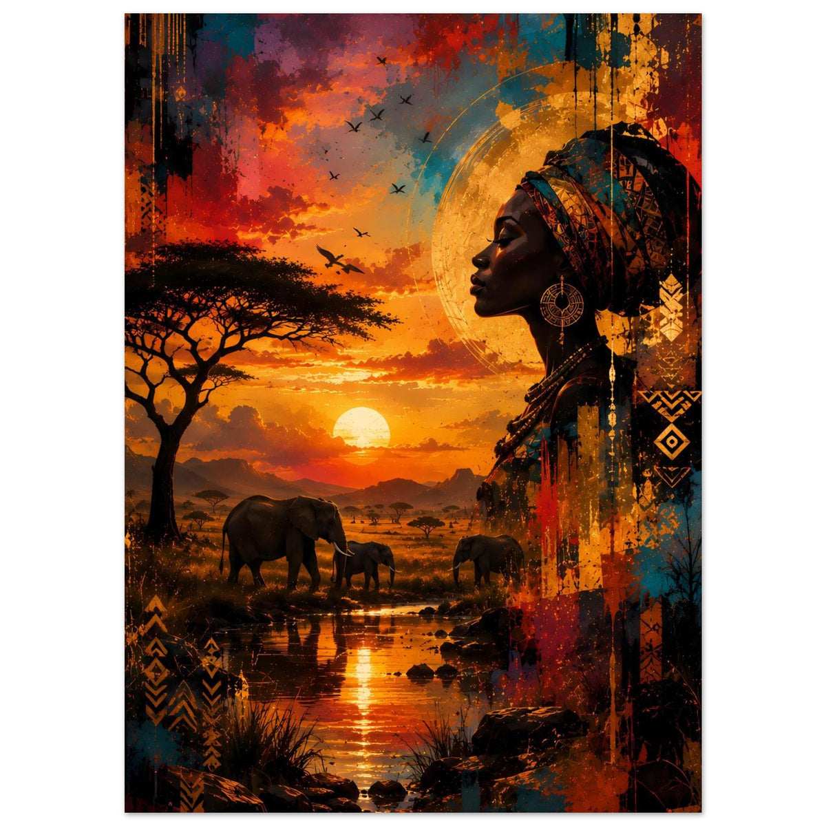 Poster mit Profil einer Frau im farbigen Kopfschmuck, Savanne mit Elefanten und Sonnenuntergang