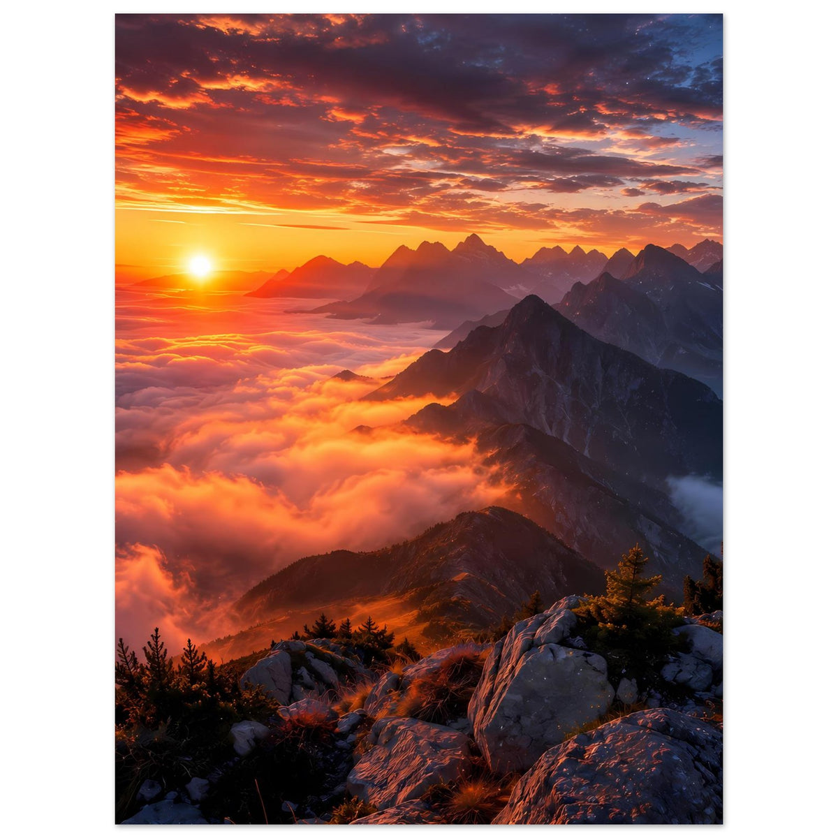 Wandposter mit Sonnenuntergang über Berggipfeln, orangefarbene Wolken, rechts steile Felsen, Hochformat.