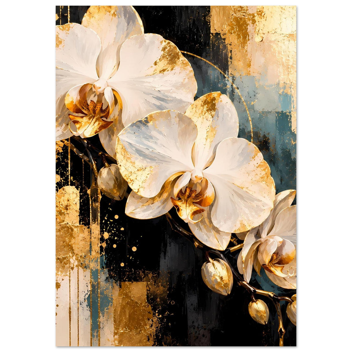Orchideen-Poster, freigestellt: weiße Orchideenblüten mit goldfarbenen Zentren