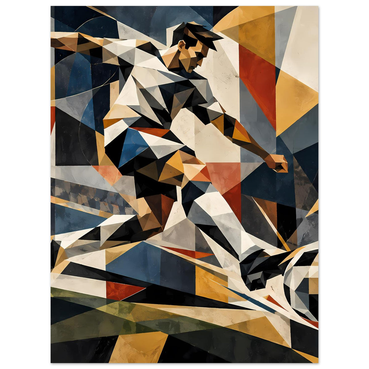 Abstraktes Fußballspieler-Poster, geometrische Grafik mit dynamischer Pose, kontrastreiche Farben